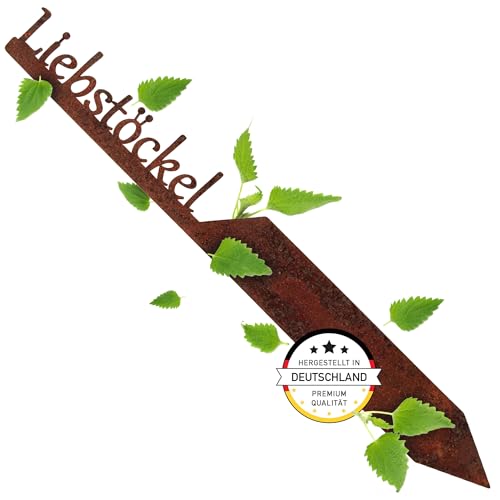 EXTRAVAGANT® Gartenstecker „Liebstöckel“ Kräuterstecker Kräuterschilder Pflanzenschilder Pflanzenstecker Metall Stahl Rost Edelrost wetterfest für Garten Beet Gartenschilder Gartendeko Roststecker von EXTRAVAGANT