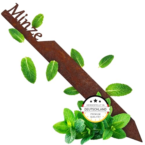 EXTRAVAGANT® Gartenstecker „Minze“ Kräuterstecker Kräuterschilder Pflanzenschilder Pflanzenstecker Metall Stahl Rost Edelrost wetterfest für Garten Beet Gartenschilder Gartendeko Roststecker von EXTRAVAGANT