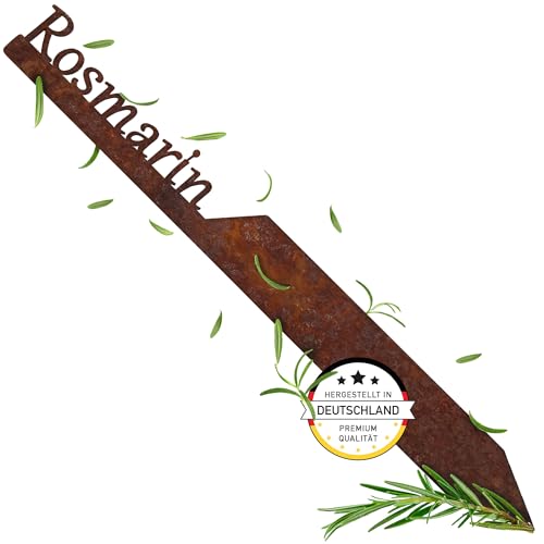 EXTRAVAGANT® Gartenstecker „Rosmarin“ Kräuterstecker Kräuterschilder Pflanzenschilder Pflanzenstecker Metall Stahl Rost Edelrost wetterfest für Garten Beet Gartenschilder Gartendeko Roststecker von EXTRAVAGANT