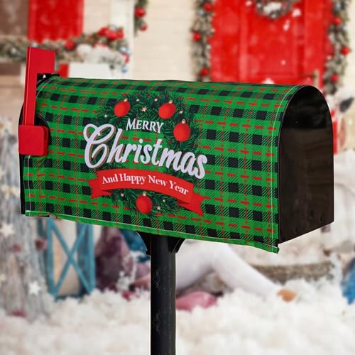 Briefkasten-Abdeckung mit weihnachtlichem Büffelkaro und Stechpalmen-Kranz-Design, hergestellt aus wasserdichtem Oxford-Tuch, magnetische Enden für schnelle saisonale Einrichtung (G) von EXTRWORY