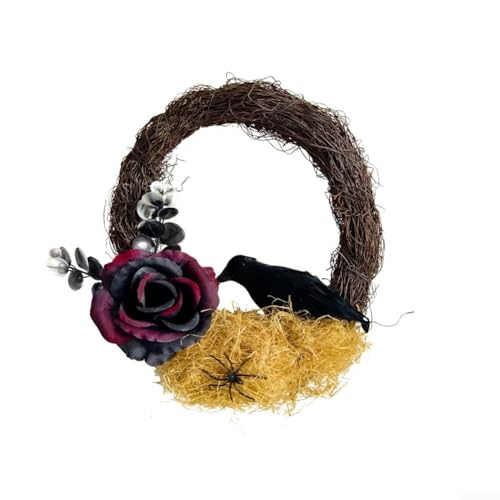 EXTRWORY Herbst-Türkranz, schwarze Krähe, Rose, künstliche Blumendekoration für Innen- und Außenbereich, Dekoration, 30 x 26 x 9 cm von EXTRWORY