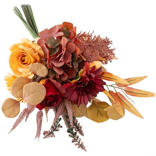 EXTRWORY Künstliche Blumen für Heimdekoration Herbst Orange Rose Hortensien Blumenstrauß Hochzeit Kunstblumenarrangement Tuch Laub von EXTRWORY