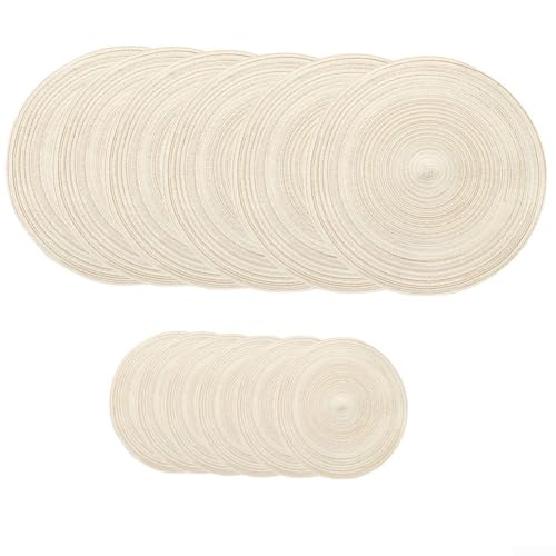 Für Esstischmatten und Untersetzer, 12-teiliges rundes Set aus Baumwoll-Mischgewebe, 30 cm und 11 cm Größe für effektive Isolierung (beige) von EXTRWORY