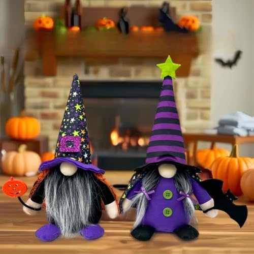 Halloween-Zwerg Paar mit Hexenhüten und Kürbis- und Stern-Details, Stoffdekorationen für saisonale Umgebungen von EXTRWORY
