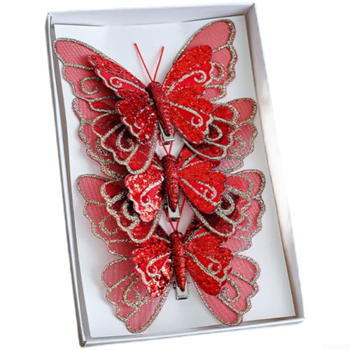 Schmetterling Clip On Ornamente für Weihnachtsbaumschmuck Set von 3 glitzernden Kunststoff Hohlstil mit Netzflügel-Design geeignet für Weihnachtskränze und Girlanden (rot) von EXTRWORY