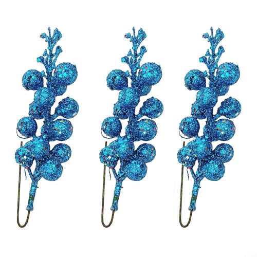 Set mit 3 künstlichen Weihnachtsbeerenstielen, die mit funkelndem Glitzer bedeckt sind, für DIY-Baum, Kranz, Girlande, Dekorationen mit biegbarem Draht für festliche Verwendung (Blau) von EXTRWORY