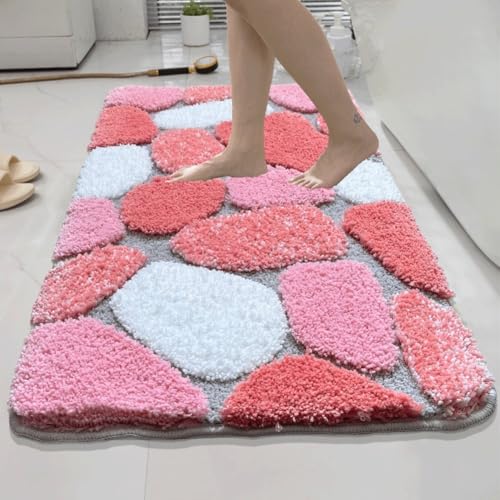 Sicherer, rutschfester Plüsch-Baumwoll-Kieselstein-Badläufer mit weicher Mikrofaser-Textur, entworfen für hohe Verkehrsbelastung, maschinenwaschbarer Teppich bietet lange Haltbarkeit (Rosa) von EXTRWORY