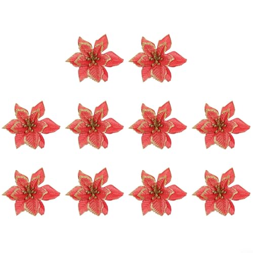 Weihnachtsstern Glitzer Blumen Deko 10 Stück für festliche Feiertage Baumschmuck (rot) von EXTRWORY
