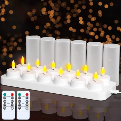 EXTSUD 12 Stück Led Teelichter Aufladbare Teelichter mit Timer und Ladestation Elektrische Teelichter Wiederaufladbar Kerzen Flackernd Flammenlose Kerzen für Halloween Weihnachten Tisch Deko von EXTSUD