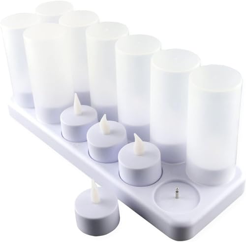 EXTSUD 12er LED Flammenlose Kerzen,Wiederaufladbare Kerzen, Batteriebetriebene Kerzen Kabellose Teelichter LED-Weihnachtskerzen Kerzenlichter Led Wachskerzen Mit Ladestation(Ohne Netzteil) von EXTSUD