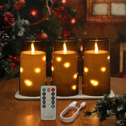 EXTSUD 3 Stück LED Kerzen mit Lichterkette und Timer Aufladbare LED Kerzen mit Fernbedienung Flammenlose Led Kerzen für Wohnung Dekoration Weihnachten Geburtstag （Grau） von EXTSUD