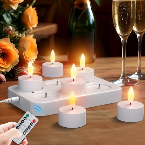 EXTSUD 6 Stück Led Teelichter mit Timer Wiederaufladbar Kerzen LED Tea Light Flammenlose Kerzen Flackern Kerzenlicht Nachtlicht Elektrische Teelichter Jugendweihe Windlicht Tischlicht Wohnzimmer Deko von EXTSUD