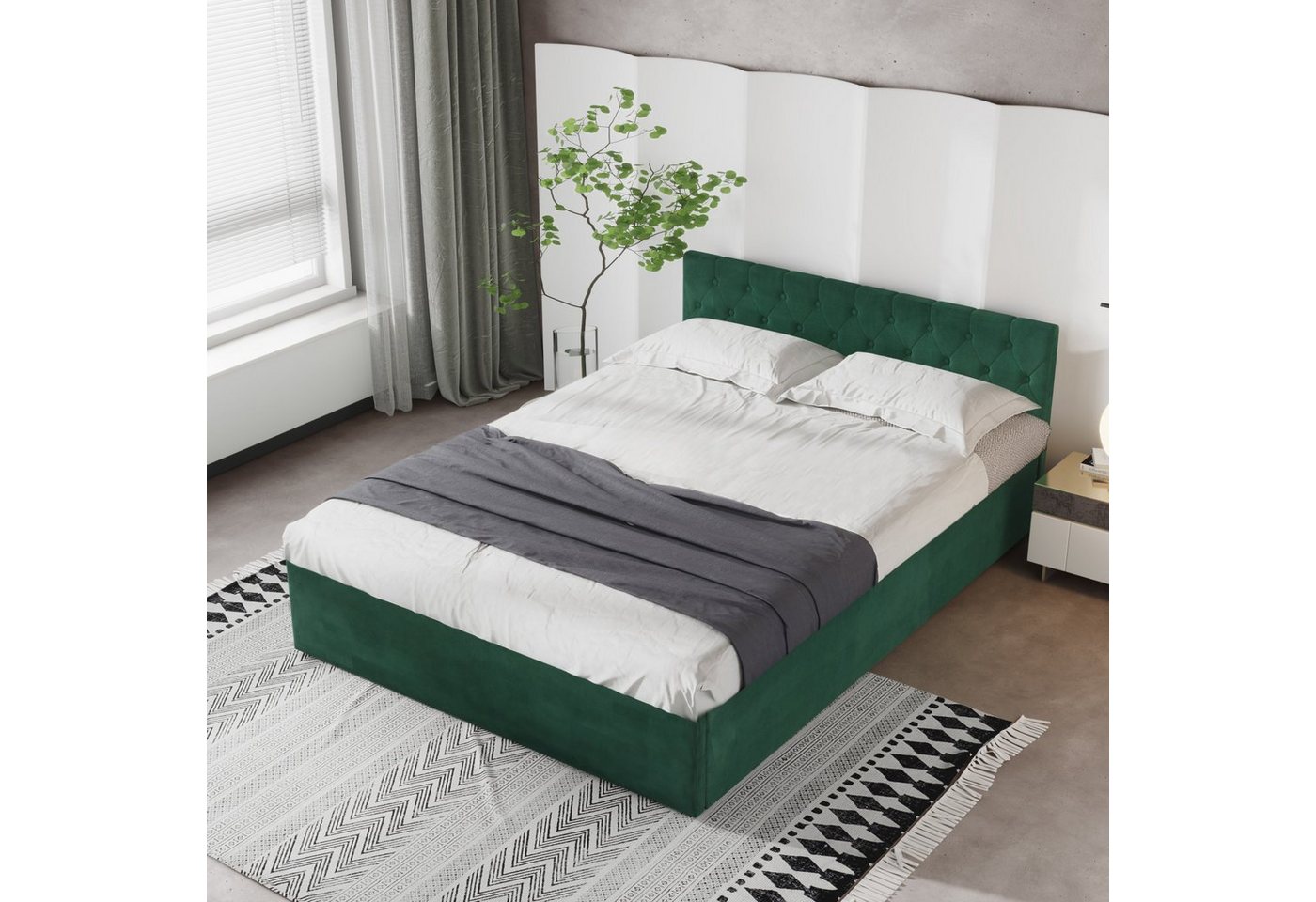 EXTSUD Bett Bett mit Bettkasten Samt-Stoff Polsterbett, Lattenrost Doppelbett Stauraum Holzfuß von EXTSUD