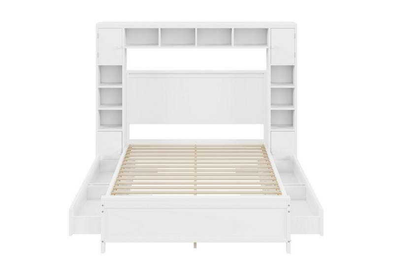 EXTSUD Bett Bettgestell mit Stauraum 140*200,4 Schubladen und großem Stauschrank, Doppelbett aus Massivholz mit Lattenrost von EXTSUD