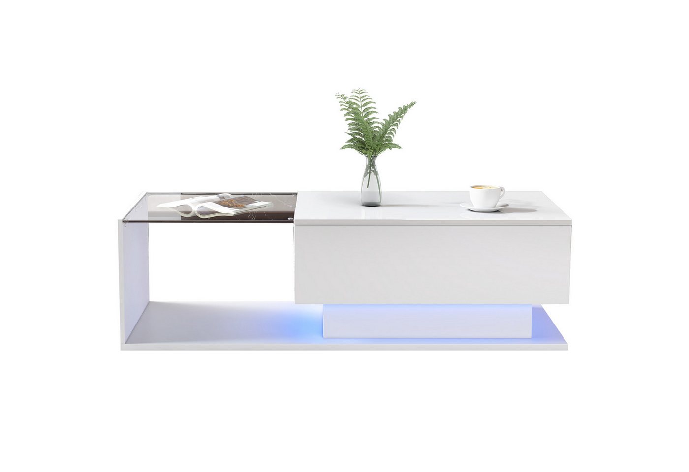 EXTSUD Couchtisch Hochglanz Couchtisch 100x50x32 cm - mit Glasplatte und Schubladen (ein Tisch), kratzfest, mit 1 Schublade, mit LED-Beleuchtung, moderner Stil von EXTSUD