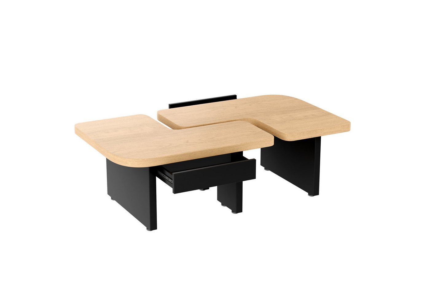 EXTSUD Couchtisch Moderner Couchtisch mit LED-Design aus umweltfreundlichem Holz (2 Schubladen, weiche Rundungen, höhenverstellbare Füße), 2-in-1-Design, beliebige Kombination, Design in natürlicher Holzfarbe von EXTSUD