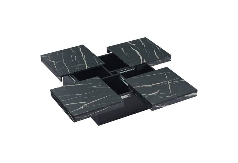 EXTSUD Couchtisch Moderner Schwarz Quadratischer Couchtisch mit Marmor-Optik (90 x 90 x 25 cm), Vier Schubladen, Schiebbarer Tischplatte, Belastbar bis 30 kg von EXTSUD