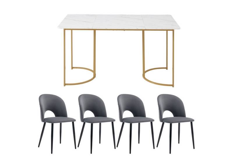 EXTSUD Essgruppe Set,140×80cm Esstisch mit 4 Stühlen, Moderner Küchentisch Set, (5-tlg., 1 Esstisch, 4 Stühlen), Samt Esszimmerstuhl Mit Diamantmuster,Verstellbare Stuhlbeine von EXTSUD