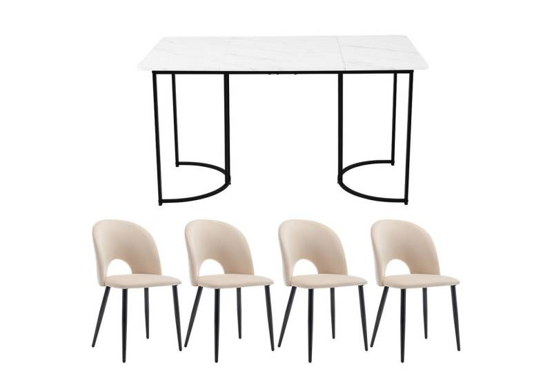 EXTSUD Essgruppe Set,140×80cm Esstisch mit 4 Stühlen, Moderner Küchentisch Set, (5-tlg., 1 Esstisch, 4 Stühlen), Samt Esszimmerstuhl Mit Diamantmuster,Verstellbare Stuhlbeine von EXTSUD