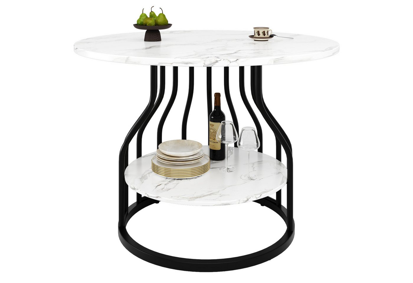 EXTSUD Esstisch Runder Esstisch, Küchen-Esstisch, runder Couchtisch für 4 Personen (Wohnzimmer, MDF-Marmor-Tischplatte, schwarz (80×80×76cm), kleine runde Platte in der Mitte zur Aufbewahrung von EXTSUD