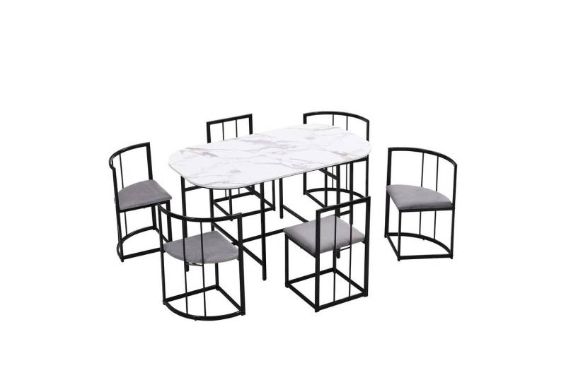 EXTSUD Esszimmer-Set Sechs-Stuhl Esstischset:Weißer Tisch, Stühle mit Rückenlehnen, (7-St), grauen Polstern, Eisengestell,Esszimmertisch und Stuhlset von EXTSUD