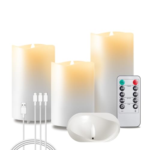 EXTSUD Flammenlose LED Kerzen 3er Flackerndes Echtwachs Kerzen Aufladbare LED Kerzen mit Timer und Fernbedienung 7,5x10.5,13.5,16 CM Stumpenkerzen für Haus Hochzeit Weihnachten Halloween Party Decor von EXTSUD