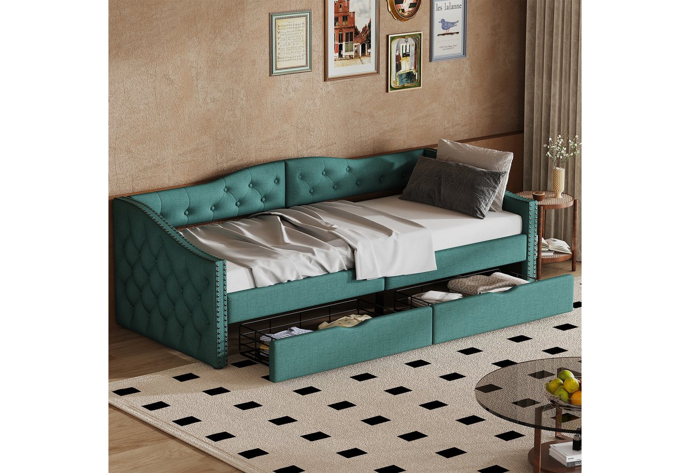 EXTSUD Funktionsbett 90*200cm Sofabett mit Schubladen, großer Stauraum, Grün von EXTSUD