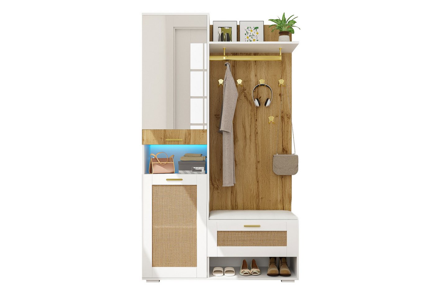 EXTSUD Garderoben-Set Garderoben-Set, Kleiderschrank-Set mit Spiegel,5 goldenen Kleiderhaken, (Sitzbank und 16-farbiger LED-Beleuchtung), Schuhschrank, Wandgarderobe, oberem Stauraumfach von EXTSUD