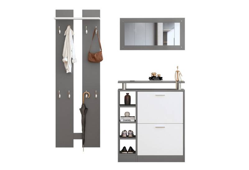 EXTSUD Garderoben-Set Wandgarderoben-Set 80 x 25 x 96.5 cm, inkl. Spiegel, 2 Wandpaneelen, einer Regalwand und einem Schuhschrank, Korpus anthrazitgrau matt von EXTSUD
