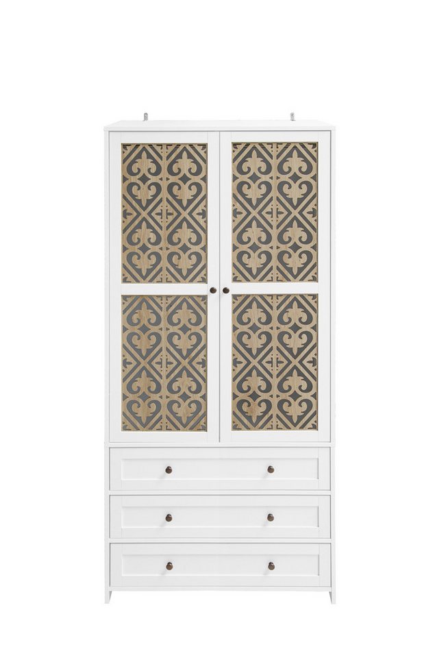 EXTSUD Garderobenschrank Aufbewahrungsschrank mit Schnitzmuster Boho Garderobenschrank (aus Aluminiumlegierung ideal) mit Rattangeflecht, 3 Schubladen und Kleiderstange von EXTSUD