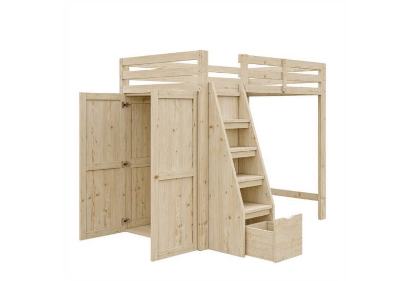 EXTSUD Hochbett Hochbett 90*200cm, Mit Stauraum-Sicherheits-Kletterleiter (Massivholzrahmen) Mit Stauraum-Kleiderschrank, Einzelbett Jugendbett Kinderbett von EXTSUD