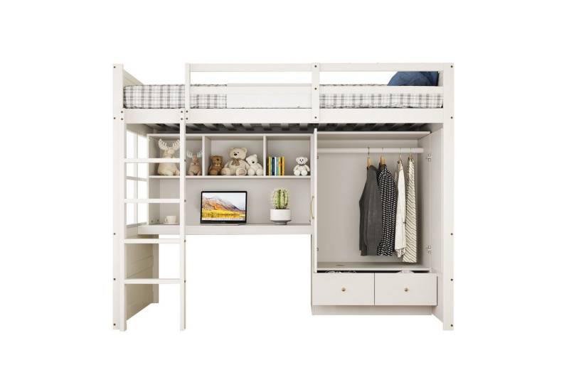 EXTSUD Hochbett Hochbett 90 x 200 cm, Mit Leiter, Mit Schreibtisch mit Stauraum Mit Kleiderschrank und Schubladen, Kinderbett, Jugendbett, Einzelbett von EXTSUD