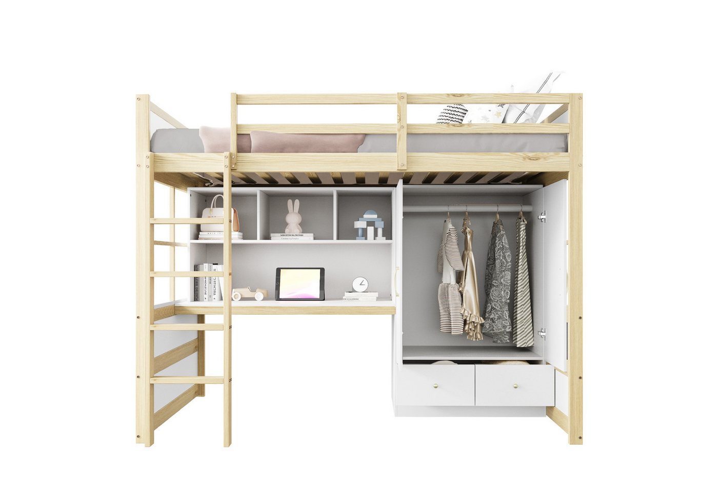 EXTSUD Hochbett Hochbett 90 x 200 cm, Mit Leiter, Mit Schreibtisch mit Stauraum Mit Kleiderschrank und Schubladen, Kinderbett, Jugendbett, Einzelbett EXTSUD Hochbett Hochbett 90 x 200 cm, Mit Leiter, Mit Schreibtisch mit Stauraum Mit Kleiderschrank und Schubladen, Kinderbett, Jugendbett, Einzelbett von EXTSUD