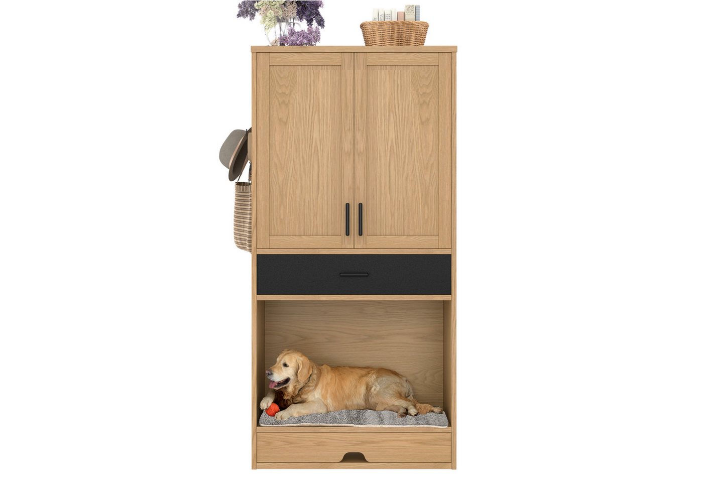 EXTSUD Hochschrank Multifunktionaler Tierschrank in Eichenoptik, Futterstation mit Napf (Futterstationen,Mehrzweckschränk) mit Hundebett,Stauraum und Haken, Tiermöbel und Küchenschrank von EXTSUD