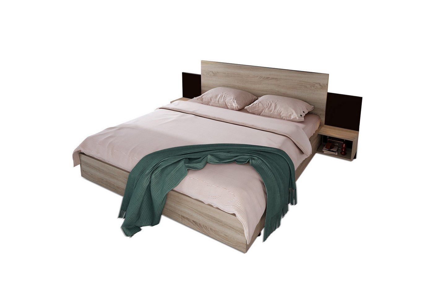 EXTSUD Holzbett Doppelbett aus Holz Bett 160 x 200 cm mit 2 Nachttischen Modernes Bett, Integrierte Nachttische, LED-Lichtoption von EXTSUD