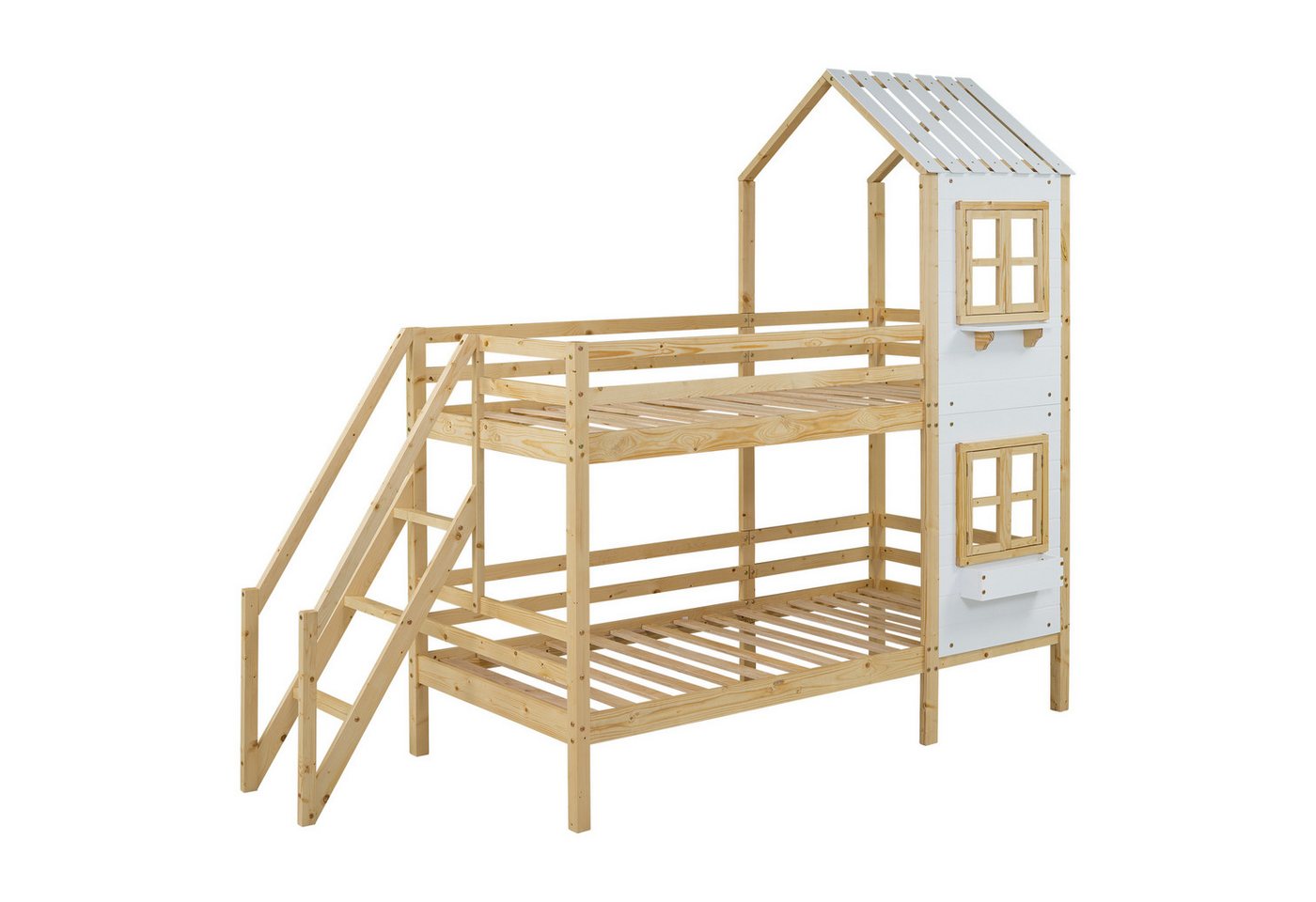 EXTSUD Kinderbett Etagenbett mit Handlauf und Fenster, Hausbett (Kinderbett mit Fallschutz und Gitter, Rahmen aus Holz), Holzrahmen, weiß + natur (90x200 cm) von EXTSUD