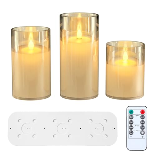 EXTSUD LED Flammenlose Kerzen Flackern mit Ladestation und Fernbedienung,3er Set Led Kerzen aus Glas Wiederaufladbare Flamme Kerzenlicht mit timerfunktion Romantische Teelichter Gelb von EXTSUD