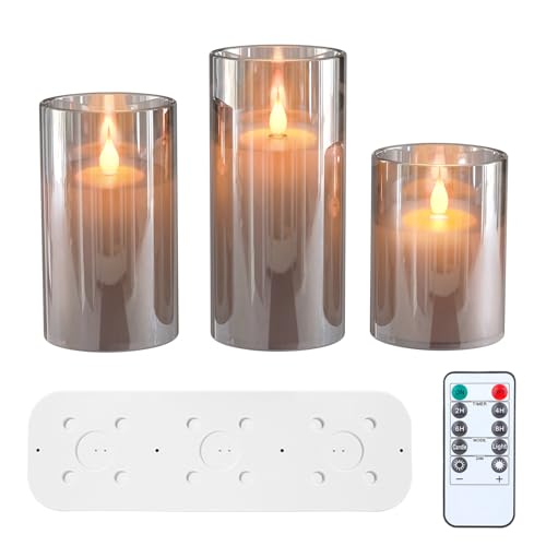 EXTSUD LED Flammenlose Kerzen Flackern mit Ladestation und Fernbedienung,3er Set Led Kerzen aus Glas Wiederaufladbare Flamme Kerzenlicht mit timerfunktion Romantische Teelichter Grau von EXTSUD