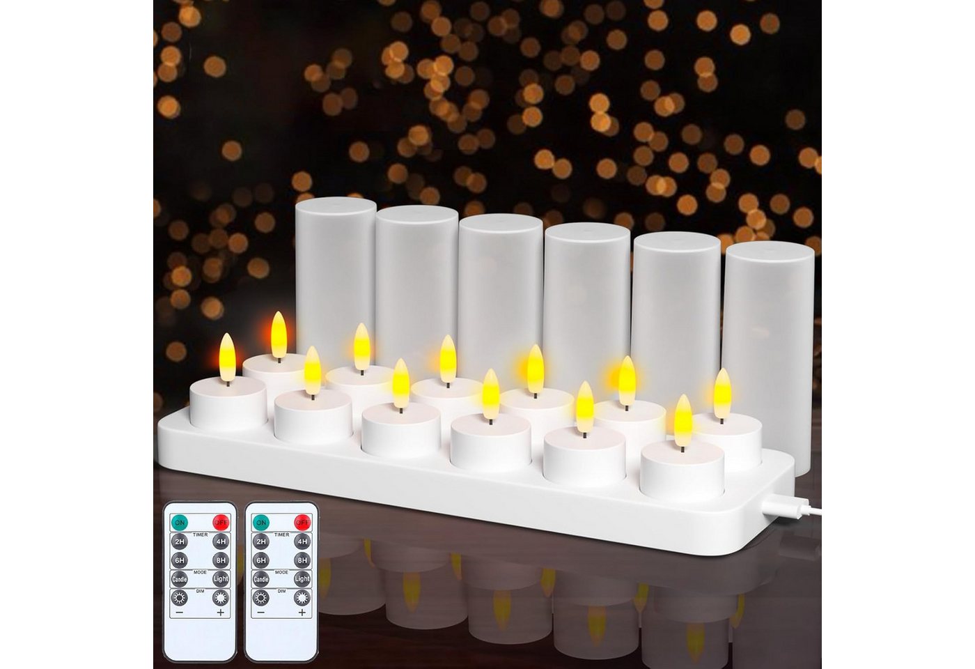 EXTSUD LED-Kerze 12 Stück Teelichter, Aufladbare Teelichter mit Timer und Ladestation (12-tlg., für Halloween Weihnachten Tisch Deko [Energieklasse D), LED Teelichter, Wiederaufladbar Kerzen, Flackernd Flammenlose Kerzen von EXTSUD