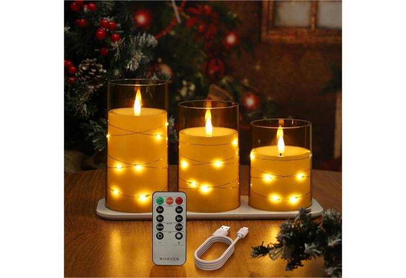 EXTSUD LED-Kerze Elektronische Kerze mit Lichterkette und Fernbedienung 3er (3-tlg), Wiederaufladbare LED Kerzen 7.5cm X 15cm [Energieklasse D] von EXTSUD