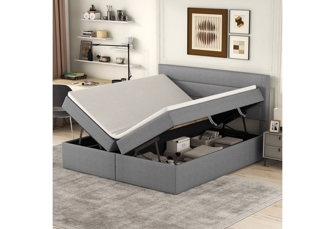 EXTSUD Polsterbett Gepolstertes Doppelbett mit Metalllattenrost, viel Stauraum, Aufklappbare Seiten, grau, 200x140cm von EXTSUD