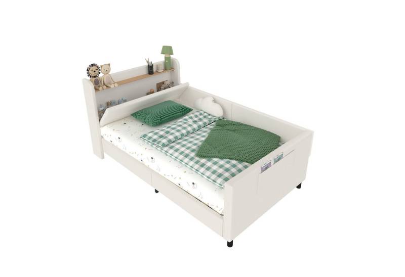 EXTSUD Polsterbett Kinder-Spleißbett, Polsterbett, Schlafsofa mit Metallbettgestell (PU+MDF+Sperrholz, Weiß, 90x200cm), Kindernachttisch mit unterer Klapptür, 3 kleine Aufbewahrungstaschen von EXTSUD