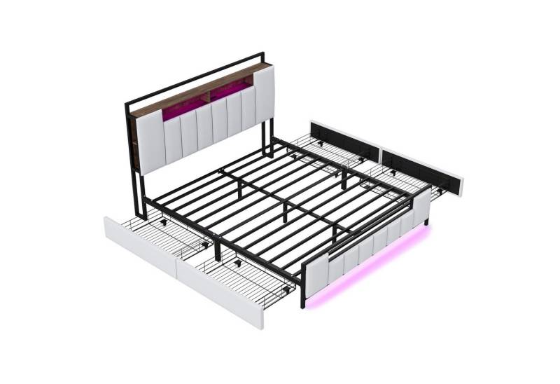 EXTSUD Polsterbett Multifunktionsbett mit LED-Licht, mit USB-Steckdose, mit Schubladen, Bettgestell aus massivem Eisen, Jugendbett, Doppelbett, Kunstleder von EXTSUD