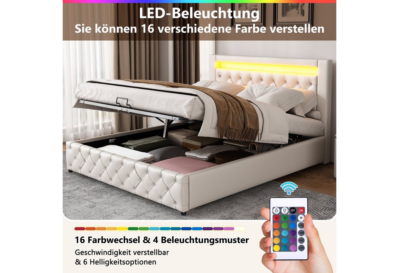 EXTSUD Polsterbett Polsterbett LED-Beleuchtung in verschiedenen Farben (Funktionsbett mit Lattenrost und Stauraum) von EXTSUD