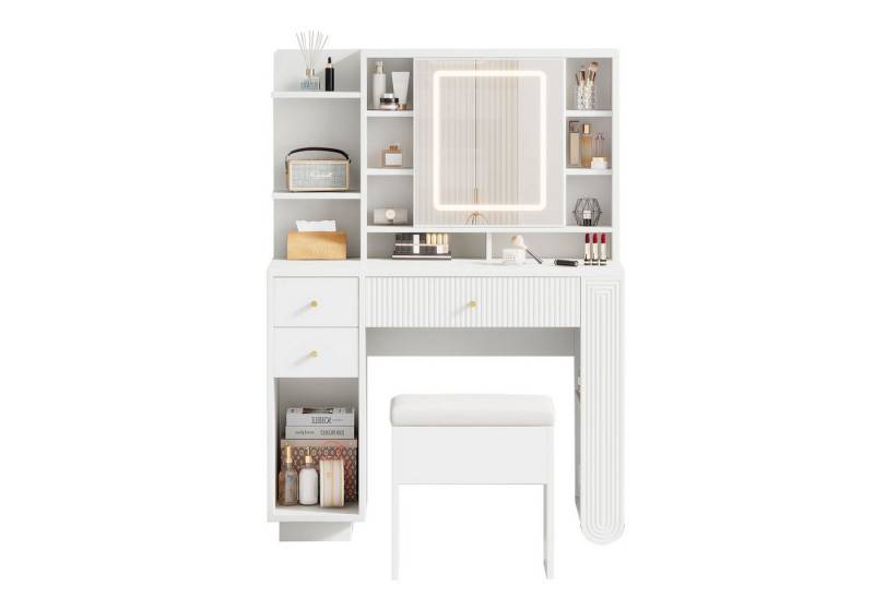 EXTSUD Schminktisch Beleuchteter Schminktisch mit Spiegel & Hocker, Moderner Frisiertisch, Einstellbarer Helligkeit, Schubladen & Offener Ablage, 100×40×138 cm von EXTSUD