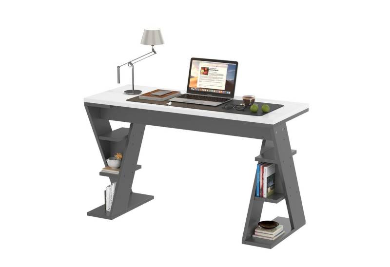 EXTSUD Schreibtisch 120 x 50 x 74 cm einfacher Schreibtisch mit X-förmiger Halterung (Lagerregal mit sechs Positionen), farblich abgestimmtes Design in Grau und Weiß, stilvoll und robust von EXTSUD