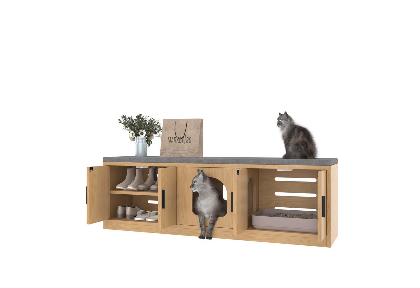 EXTSUD Schuhbank Versteckter Katzenschrank, Integrierter Kratzbaum und Belüftung (Tierhaus, Katzentoilettenschrank,Tiertoilett), Tiermöbel für Flur und Eingangsbereich, Multifunktionales Katzenmöbel von EXTSUD