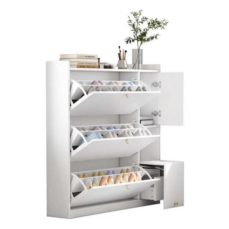 EXTSUD Schuhschrank Vielseitiger Kipp-Schuhschrank mit 3 Klappschubladen (119*24*122 cm, Freistehendes Schuhregal mit herunterklappbarer Sitzbank für den Flur) Stauraum-Eingangsorganizer mit Schublade von EXTSUD