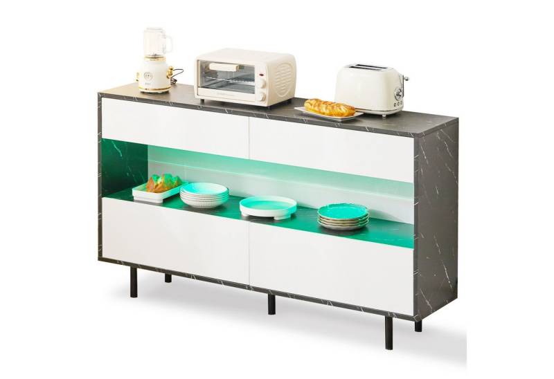 EXTSUD Sideboard 150 x 35 x 89,5cm Sideboard in schwarzem Marmor-Design (stabiler Metallrahmen und Kippschutz), mit offenem Stauraum, 4 Schubladen von EXTSUD