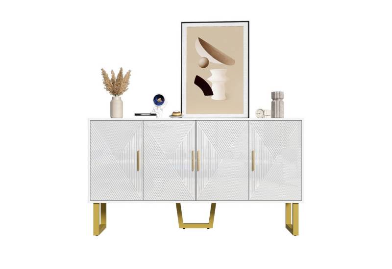 EXTSUD Sideboard 150cm moderner, luxuriöser weißer Sideboard mit hochglänzenden (höhenverstellbare Regale), strukturierten Türen und goldenen Griffen, 4-Türen-Design von EXTSUD